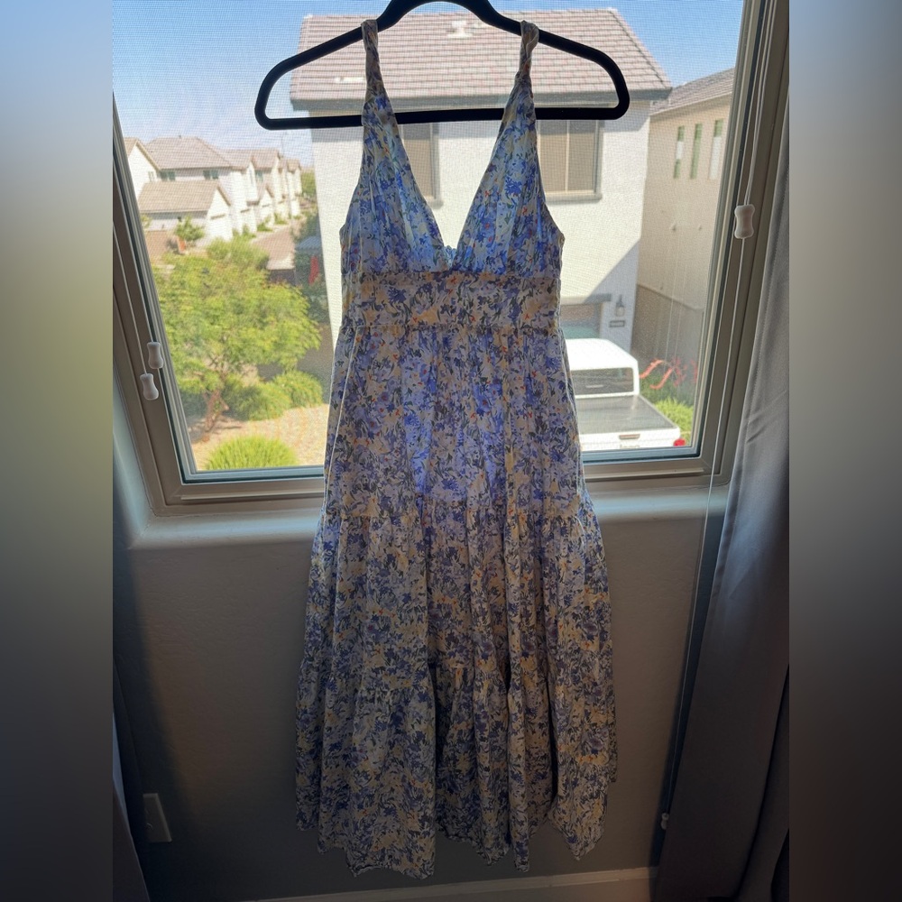 Lulu's Blue and Brown Plunge Maxi Sundress